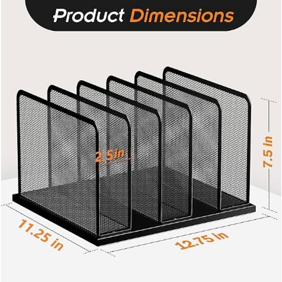 New in Box- Upright Mesh Desk File Organizer 5 Sections, File Sorter- Black - Picture 2 of 4